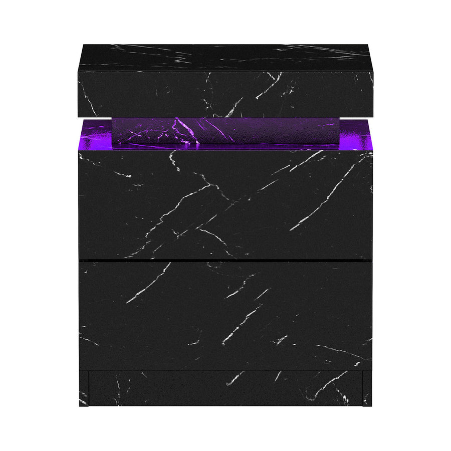 Oikiture Bedside Table 2 Drawers LED Nightstand Marble Effect Black, image 4