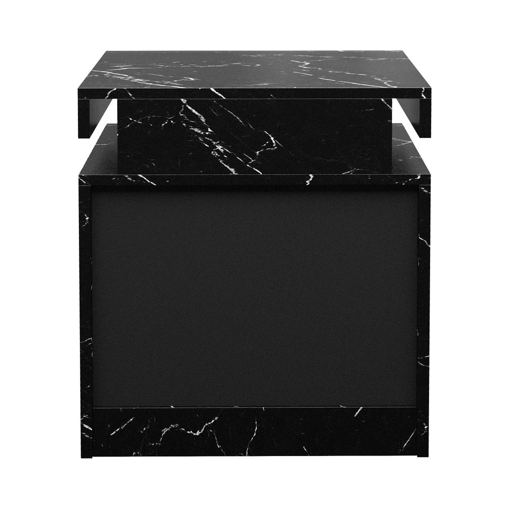 Oikiture Bedside Table 2 Drawers LED Nightstand Marble Effect Black