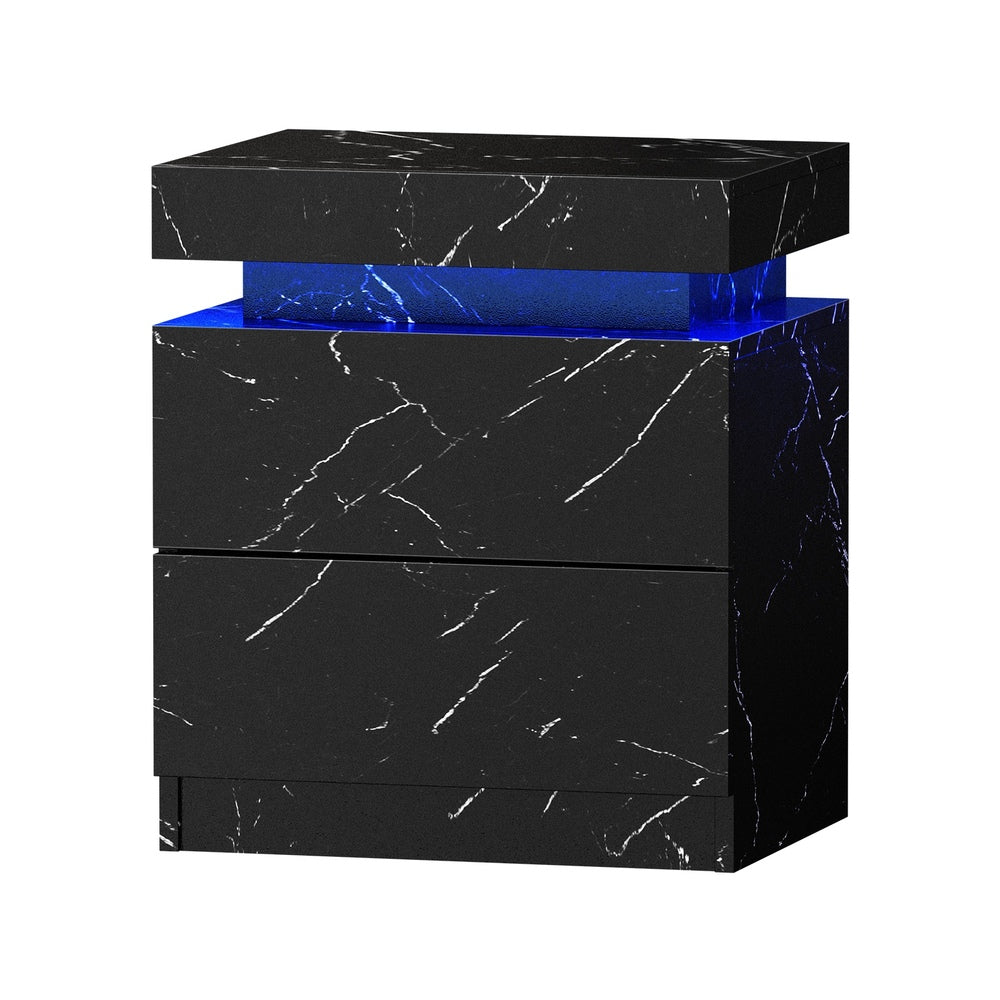 Oikiture 2x Bedside Table 2 Drawers LED Nightstand Marble Effect Black