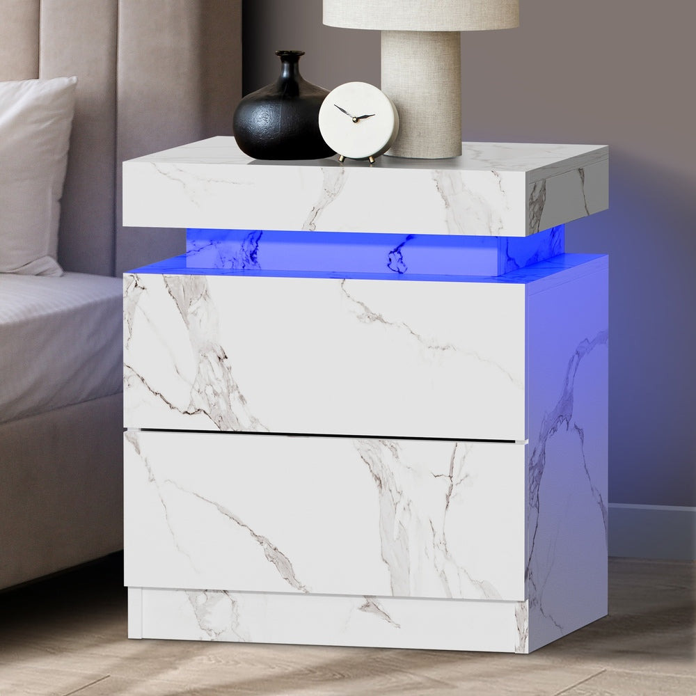 Oikiture Bedside Table 2 Drawers LED Nightstand Marble Effect White