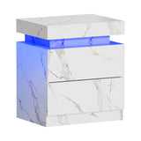 Oikiture Bedside Table 2 Drawers LED Nightstand Marble Effect White