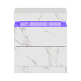 Oikiture Bedside Table 2 Drawers LED Nightstand Marble Effect White