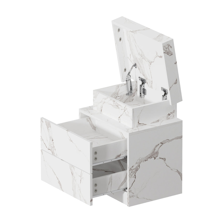Oikiture Bedside Table 2 Drawers LED Nightstand Marble Effect White