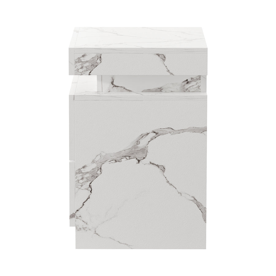 Oikiture Bedside Table 2 Drawers LED Nightstand Marble Effect White