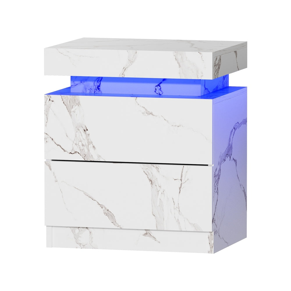 Oikiture 2x Bedside Table 2 Drawers LED Nightstand Marble Effect White