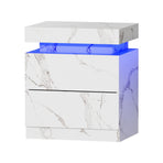 Oikiture 2x Bedside Table 2 Drawers LED Nightstand Marble Effect White, image 4