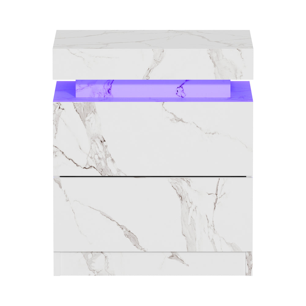 Oikiture 2x Bedside Table 2 Drawers LED Nightstand Marble Effect White