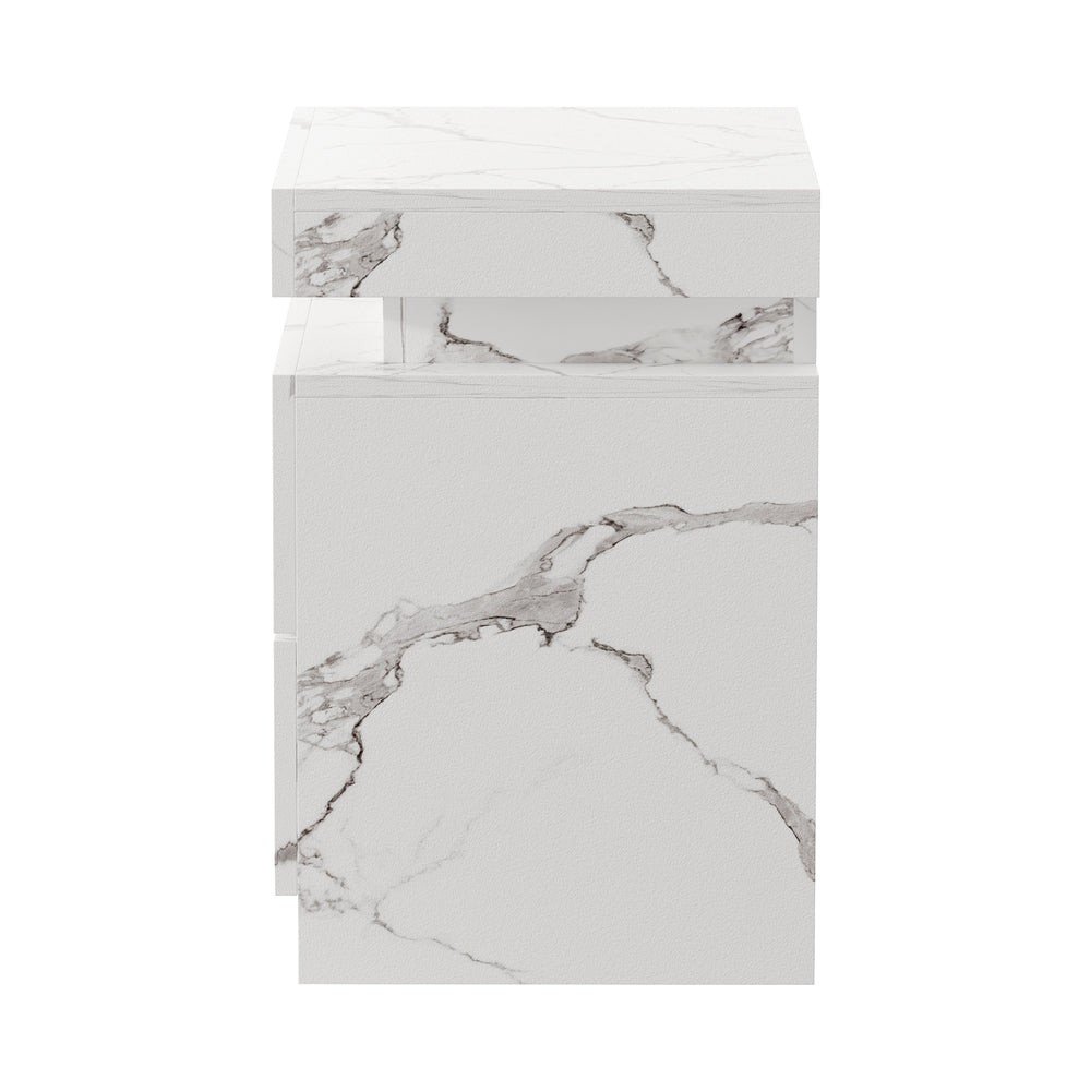 Oikiture 2x Bedside Table 2 Drawers LED Nightstand Marble Effect White