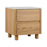 Oikiture Bedside Table 2 Drawers Nightstand Faux Marble Top Natural