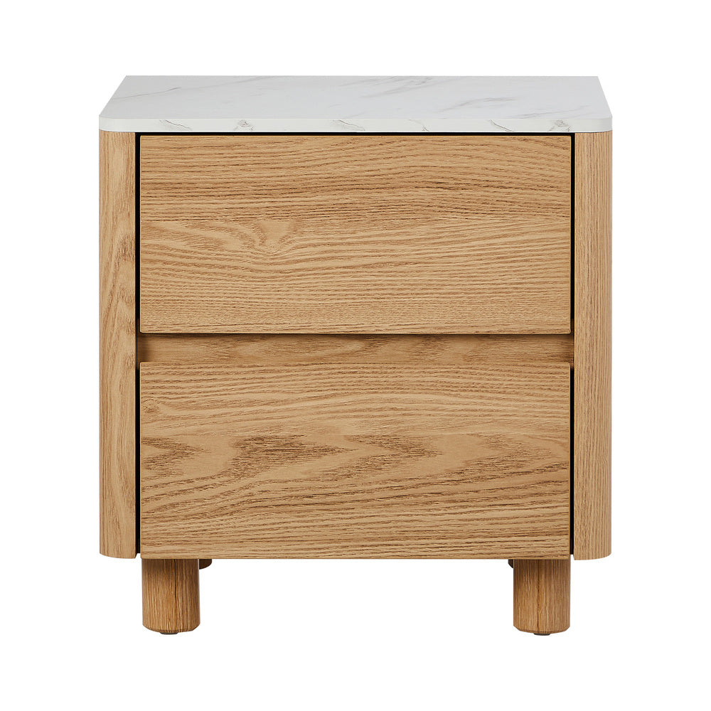 Oikiture Bedside Table 2 Drawers Nightstand Faux Marble Top Natural