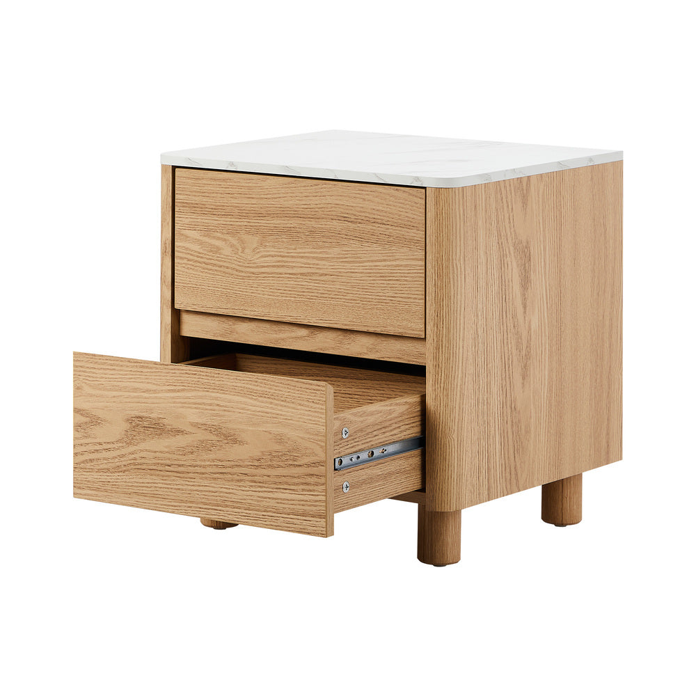 Oikiture Bedside Table 2 Drawers Nightstand Faux Marble Top Natural
