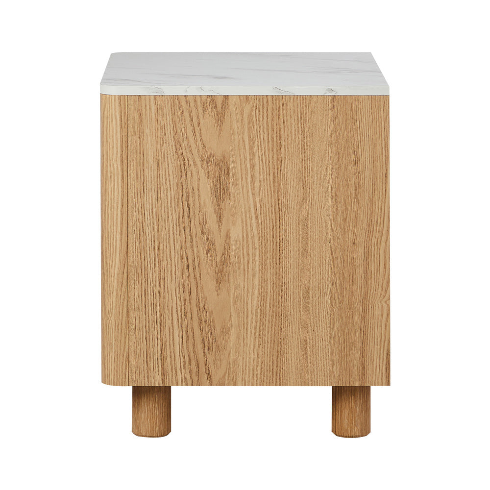 Oikiture Bedside Table 2 Drawers Nightstand Faux Marble Top Natural