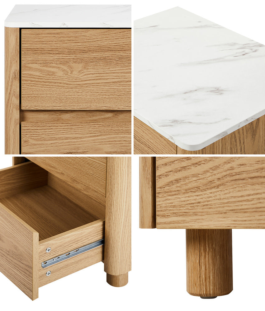 Oikiture Bedside Table 2 Drawers Nightstand Faux Marble Top Natural