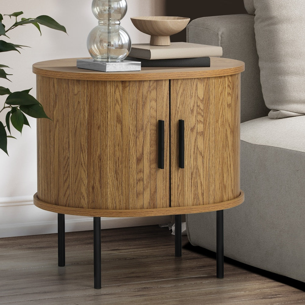 Oikiture 2-tier Bedside Table with Sliding Doors Natural