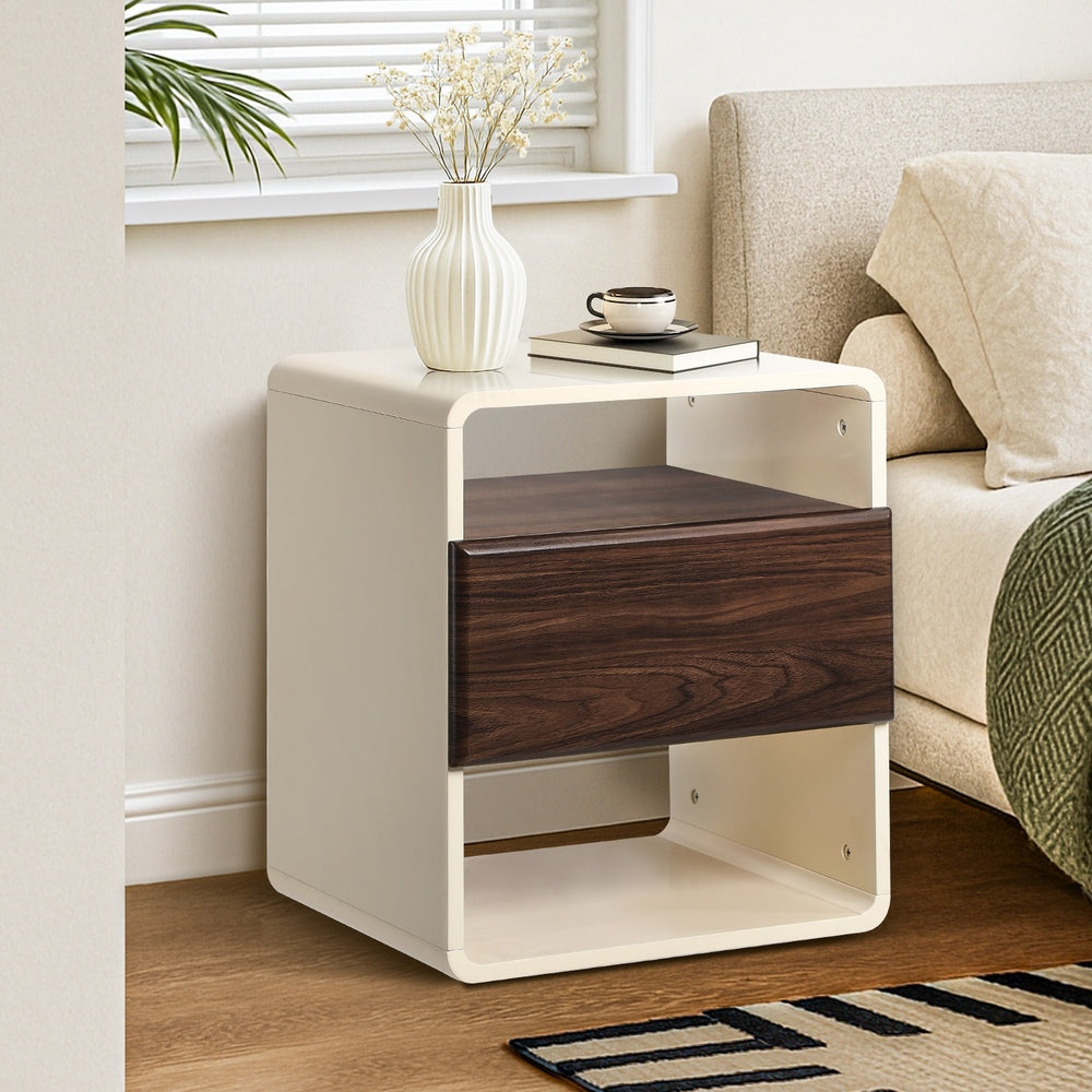 Oikiture Bedside Table With Drawer Open Shelves Retro-Modern