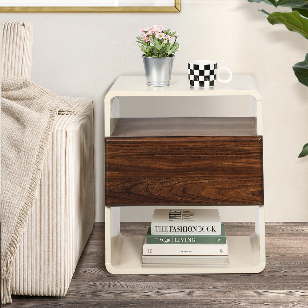 Oikiture Bedside Table With Drawer Open Shelves Retro-Modern