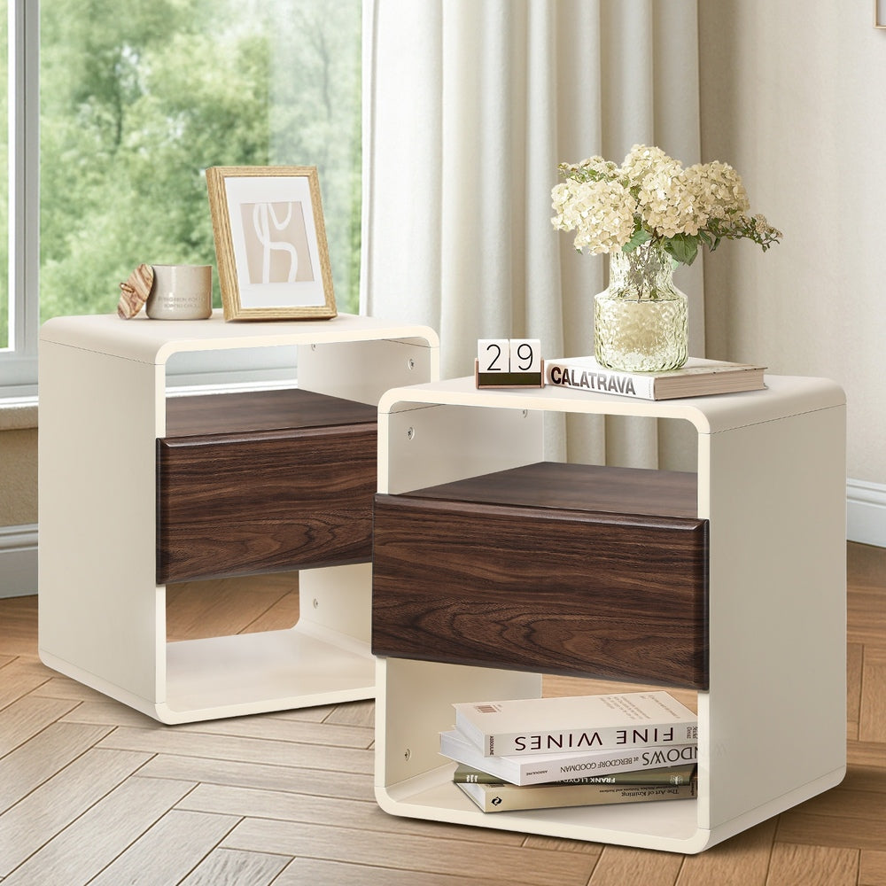Oikiture 2x Bedside Table With Drawer Open Shelves Retro-Modern