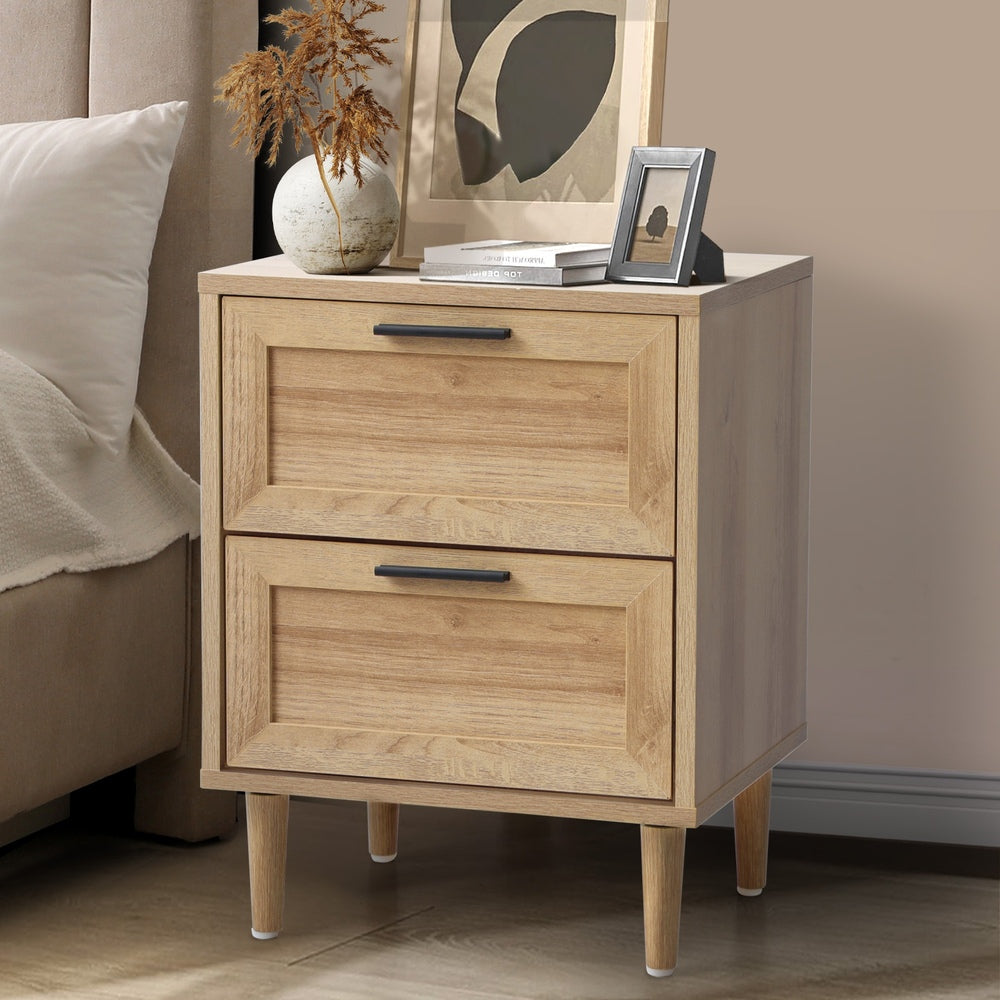 Oikiture Bedside Table Nightstand 2 Drwers Natural