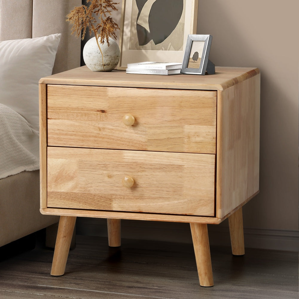 Oikiture Bedside Table 2 Drawers Storage Rubber Wood