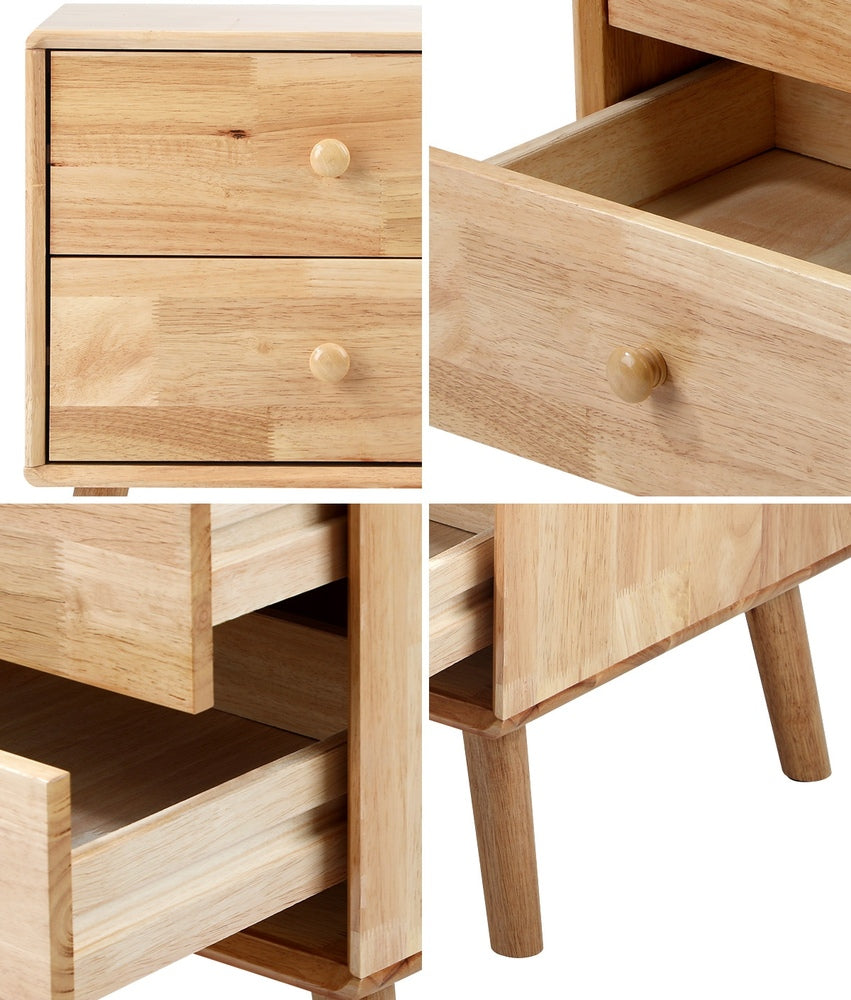 Oikiture Bedside Table 2 Drawers Storage Rubber Wood