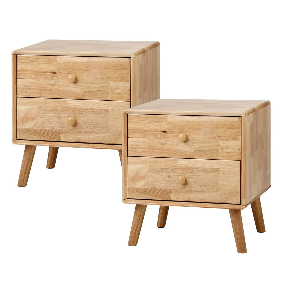 Oikiture Set of 2 Bedside Tables 2 Drawers Side Tables Rubber Wood
