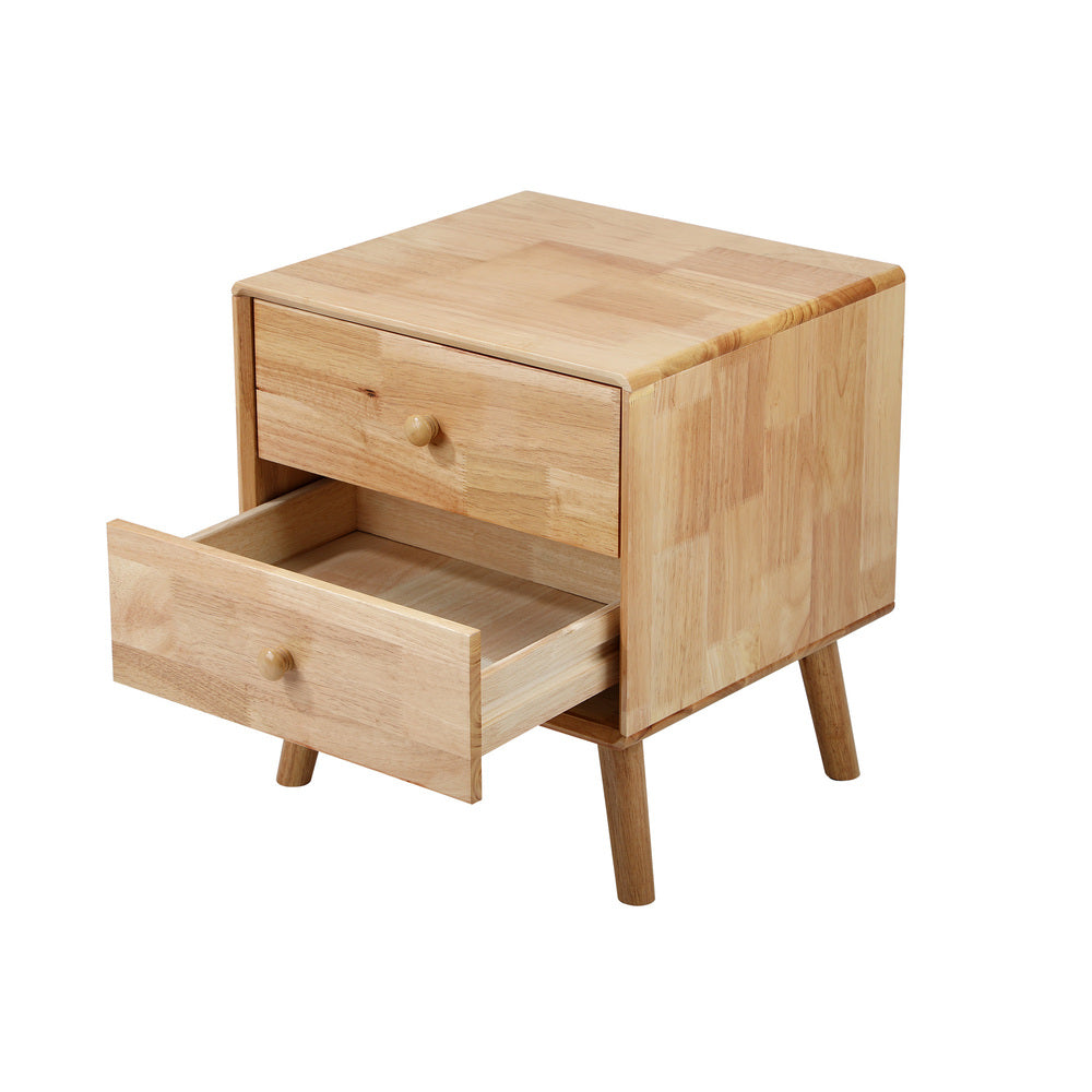 Oikiture Set of 2 Bedside Tables 2 Drawers Side Tables Rubber Wood