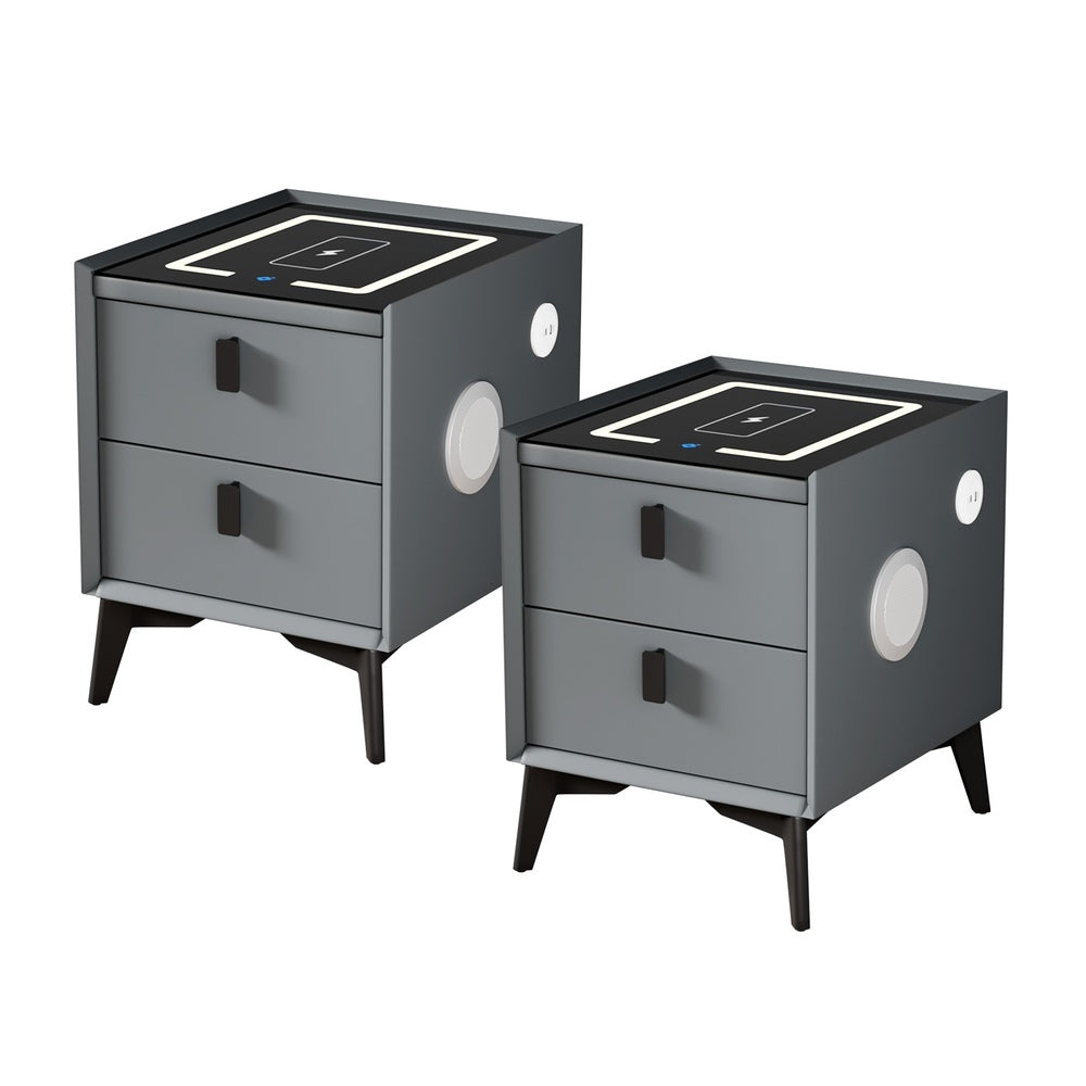 Oikiture 2x Smart Bedside Tables Wireless Charging LED 2 Drawers Grey