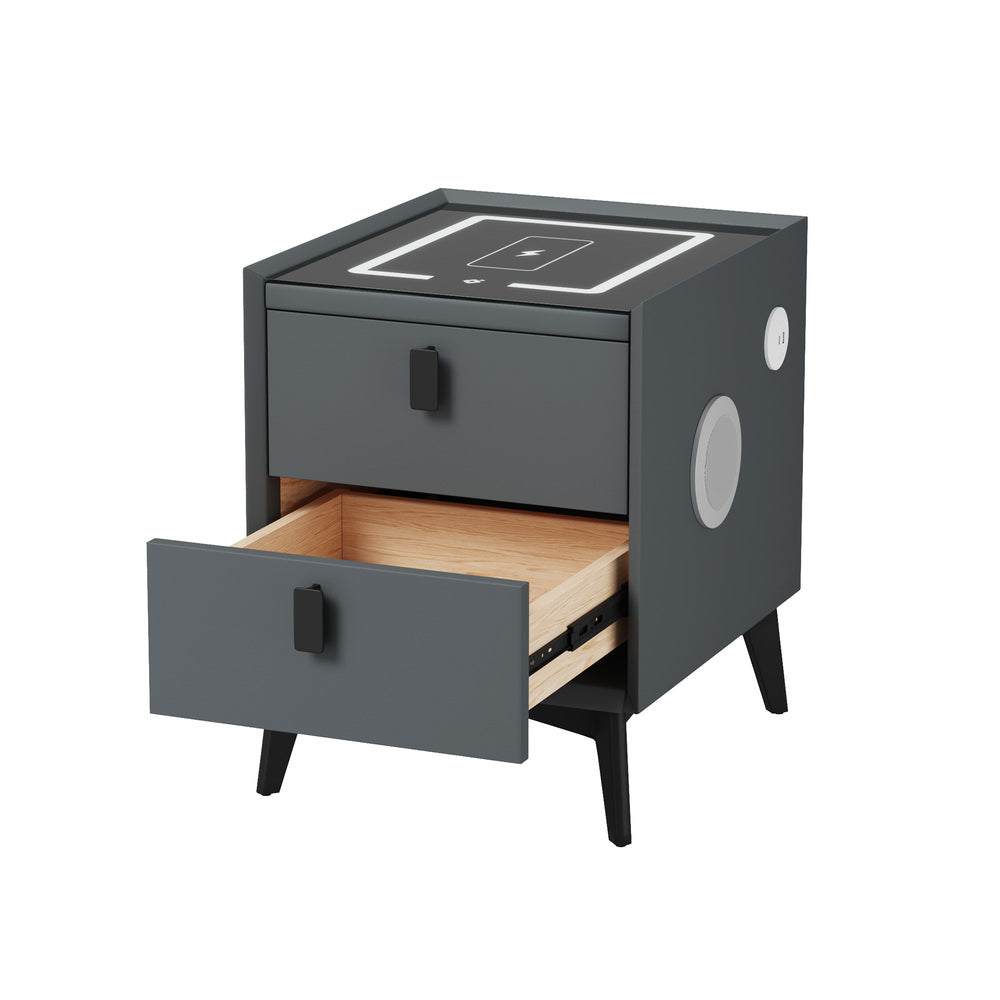 Oikiture 2x Smart Bedside Tables Wireless Charging LED 2 Drawers Grey