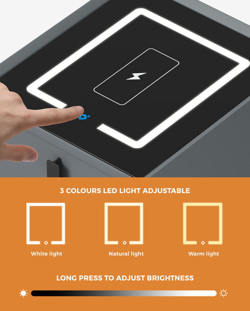 Oikiture 2x Smart Bedside Tables Wireless Charging LED 2 Drawers Grey