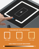 Oikiture 2x Smart Bedside Tables Wireless Charging LED 2 Drawers Grey