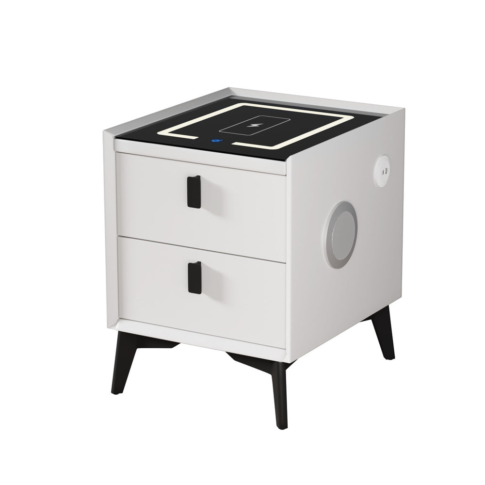 Oikiture Smart Bedside Table Wireless Charging LED 2 Drawers White