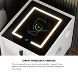 Oikiture Smart Bedside Table Wireless Charging LED 2 Drawers White