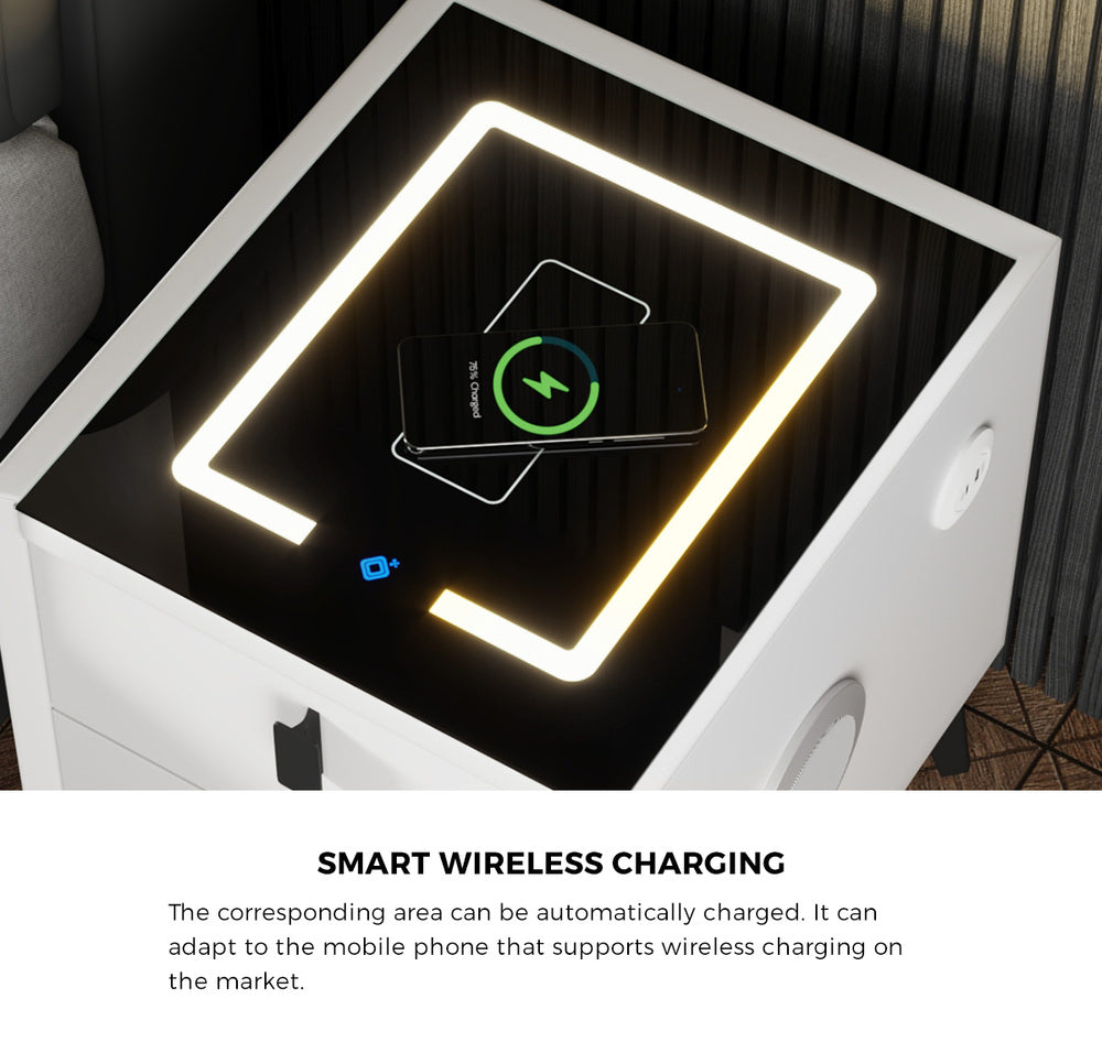 Oikiture Smart Bedside Table Wireless Charging LED 2 Drawers White