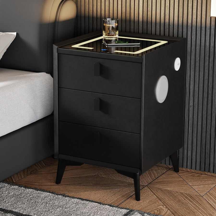 Oikiture Smart Bedside Table Wireless Charging LED Lights 3 Drawers Black, image 8
