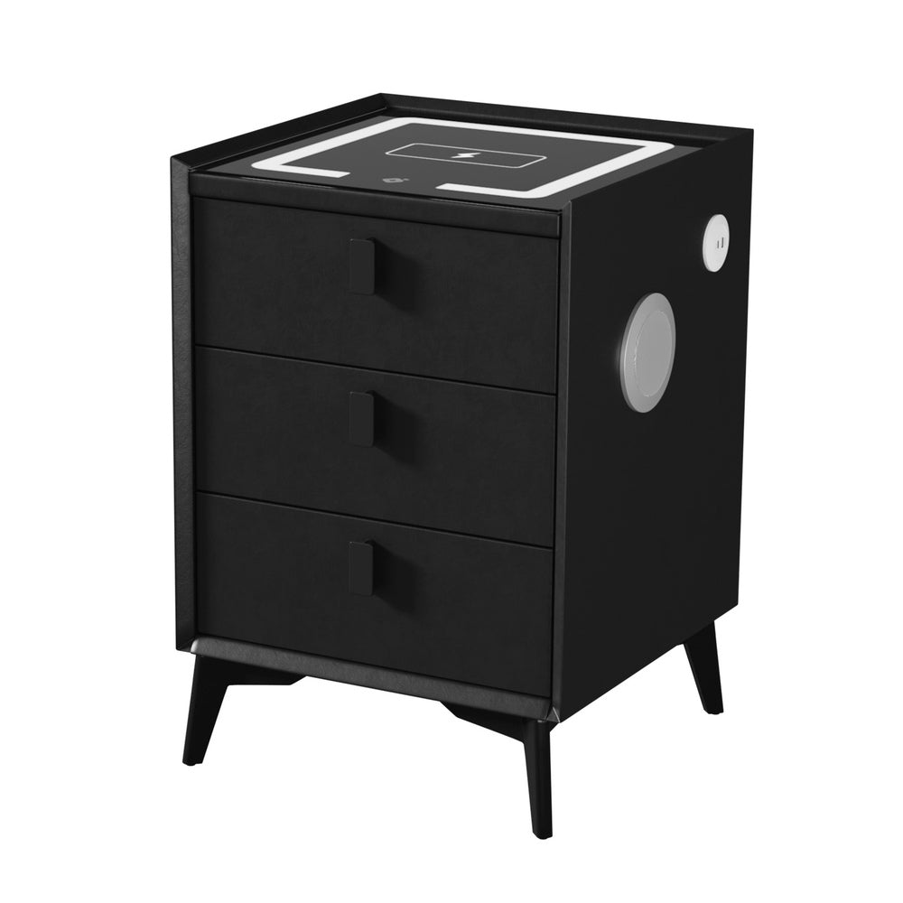 Oikiture Smart Bedside Table Wireless Charging LED Lights 3 Drawers Black