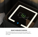 Oikiture Smart Bedside Table Wireless Charging LED Lights 3 Drawers Black
