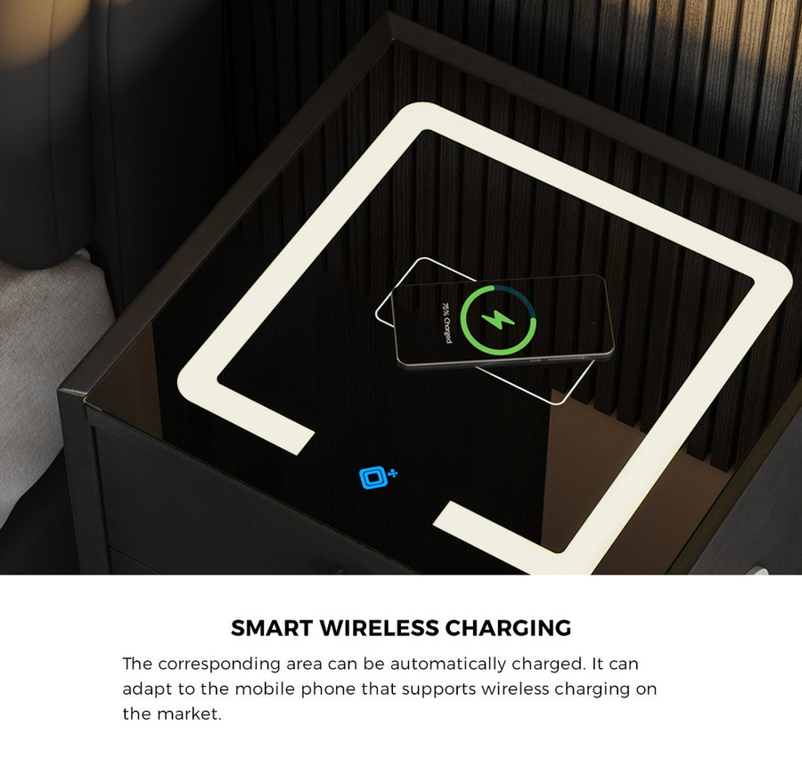 Oikiture Smart Bedside Table Wireless Charging LED Lights 3 Drawers Black, image 4