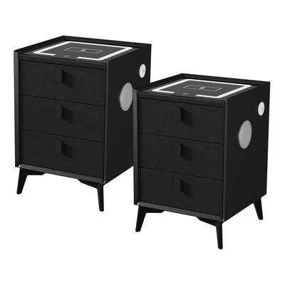 Oikiture 2x Smart Bedside Tables Wireless Charging LED 3 Drawers Black