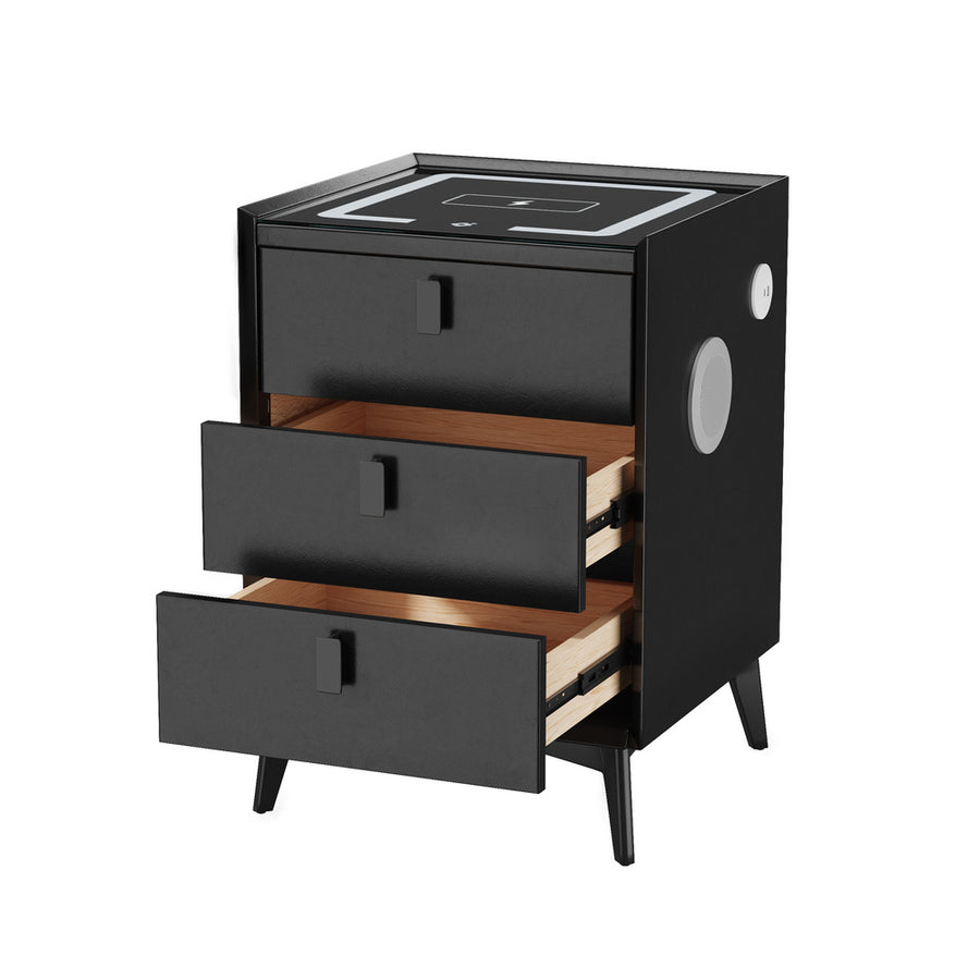 Oikiture 2x Smart Bedside Tables Wireless Charging LED 3 Drawers Black