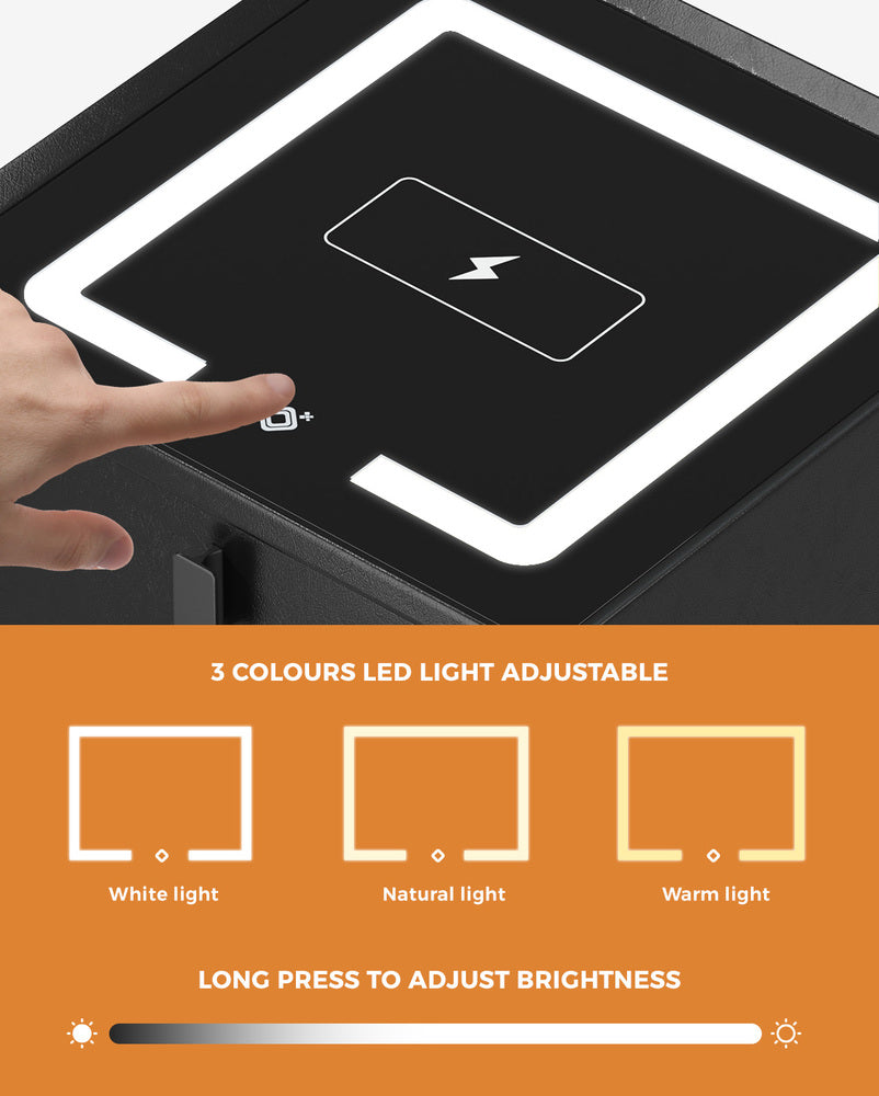 Oikiture 2x Smart Bedside Tables Wireless Charging LED 3 Drawers Black