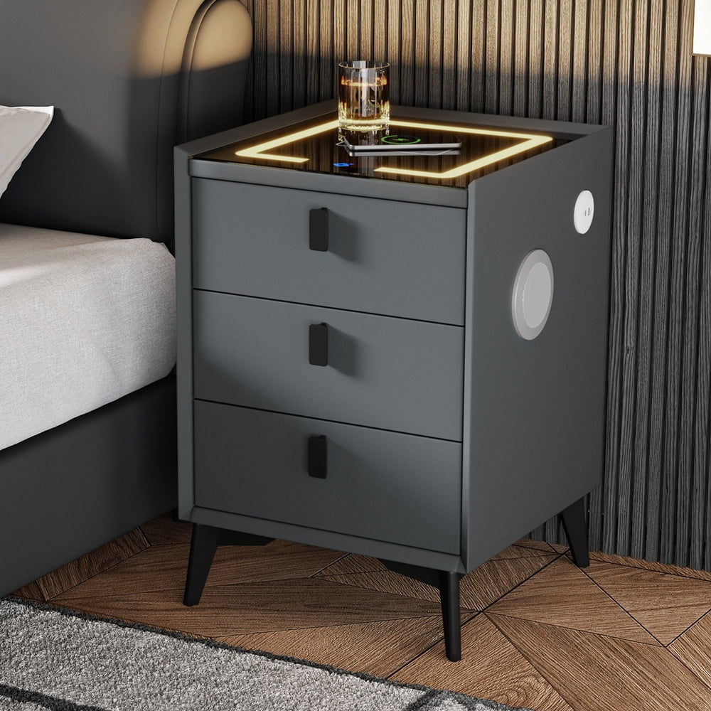 Oikiture Smart Bedside Table Wireless Charging LED Lights 3 Drawers