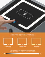 Oikiture 2x Smart Bedside Tables Wireless Charging LED 3 Drawers Grey