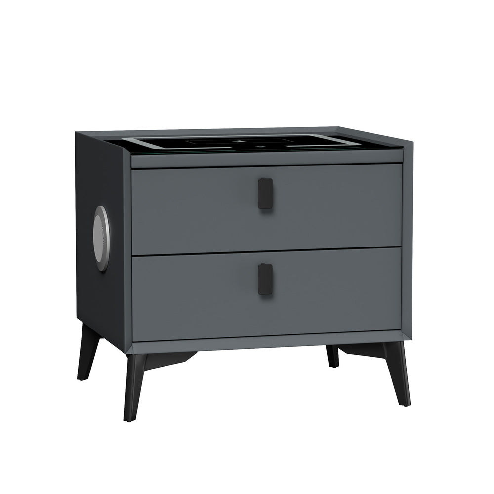 Oikiture Smart Bedside Table Wireless Charging LED 2 Drawers Grey