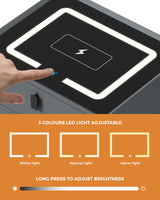 Oikiture Smart Bedside Table Wireless Charging LED 2 Drawers Grey