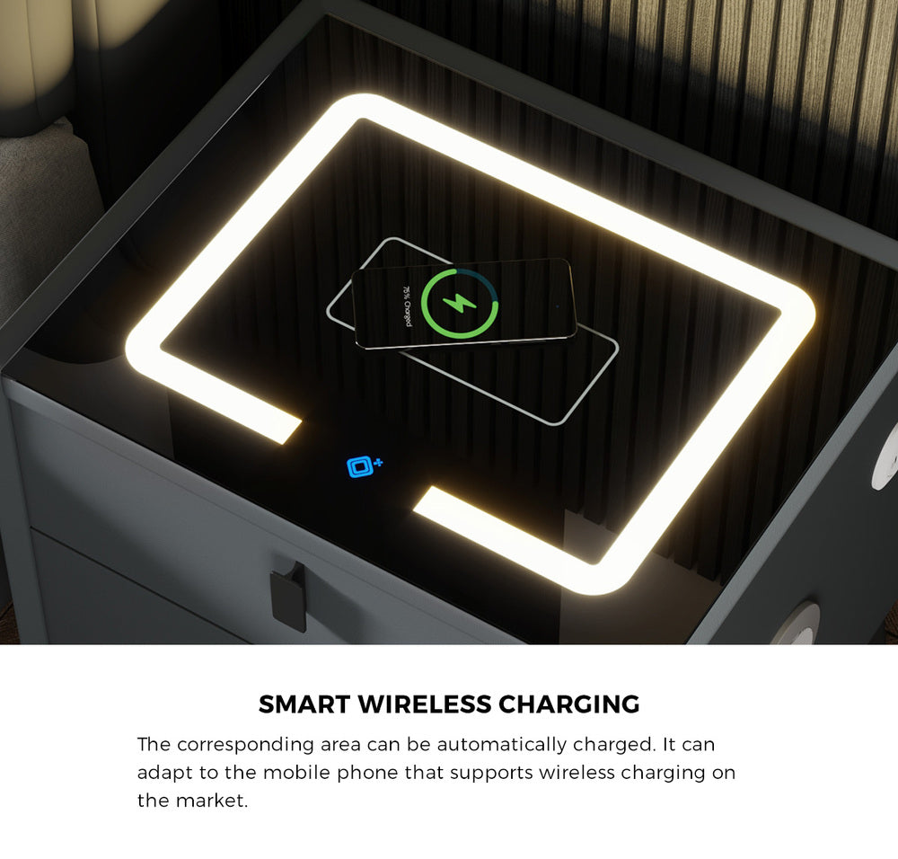 Oikiture Smart Bedside Table Wireless Charging LED 2 Drawers Grey