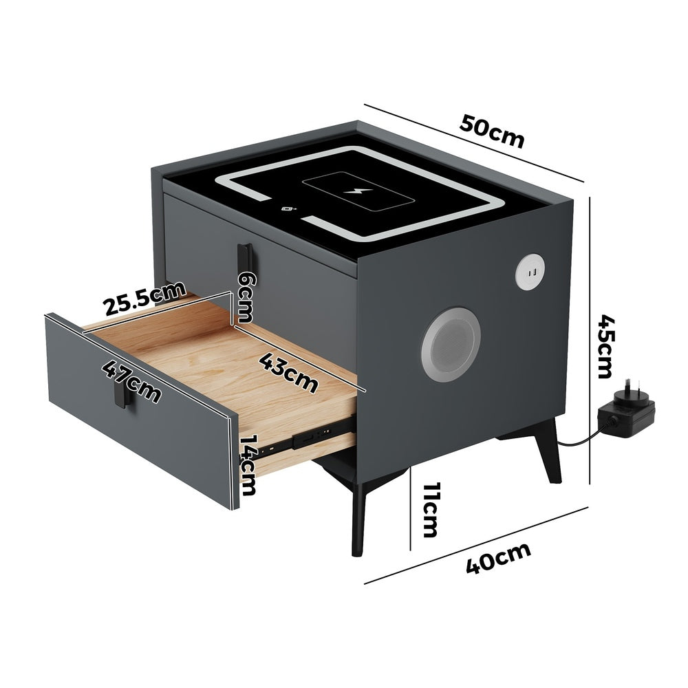 Oikiture 2x Smart Bedside Tables Wireless Charging LED Nightstand Grey