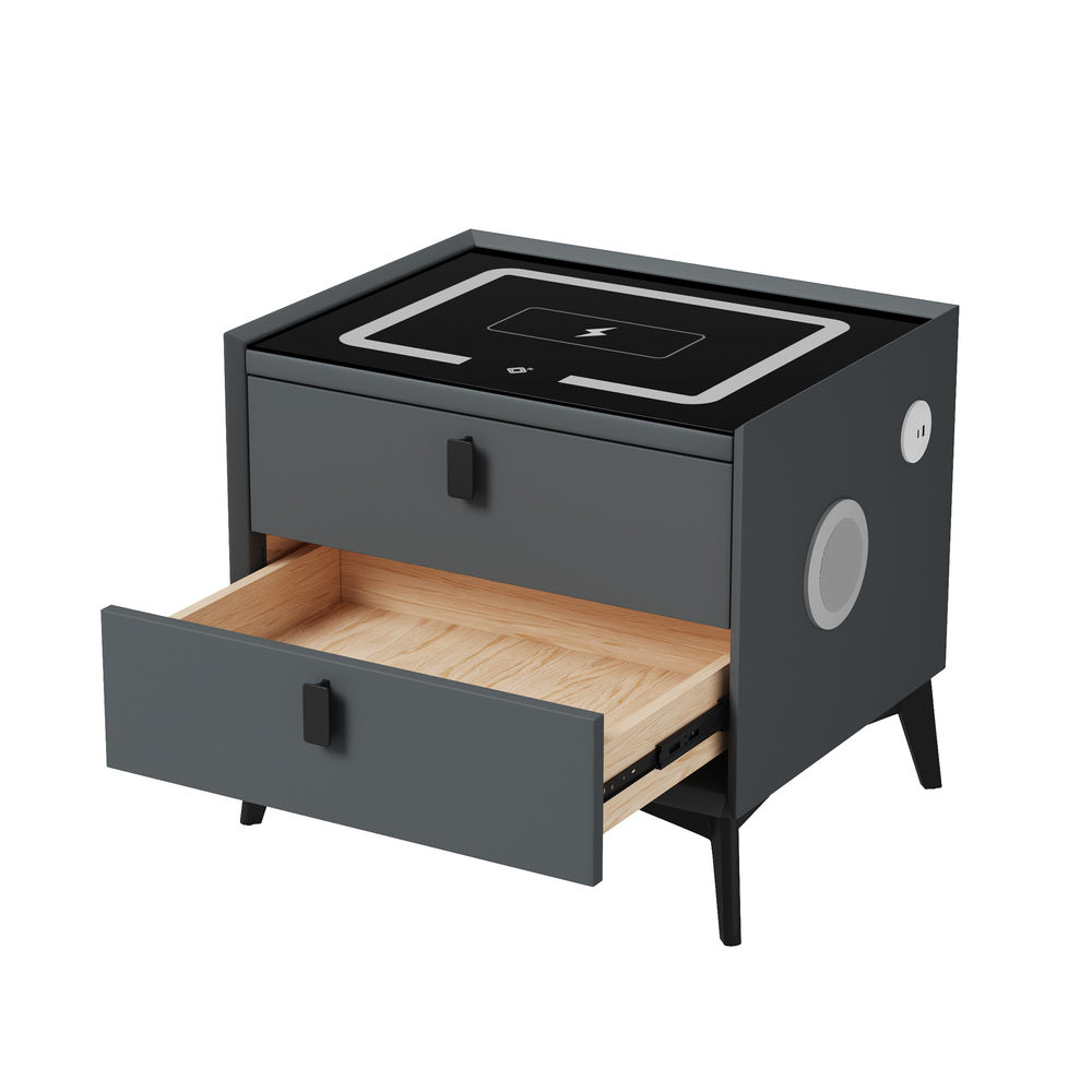 Oikiture 2x Smart Bedside Tables Wireless Charging LED Nightstand Grey