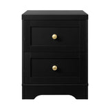 Oikiture Bedside Table with Alloy Handles 2 Drawers Black - Front View
