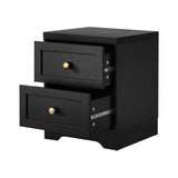 Oikiture Bedside Table with Alloy Handles 2 Drawers Black - Rear View