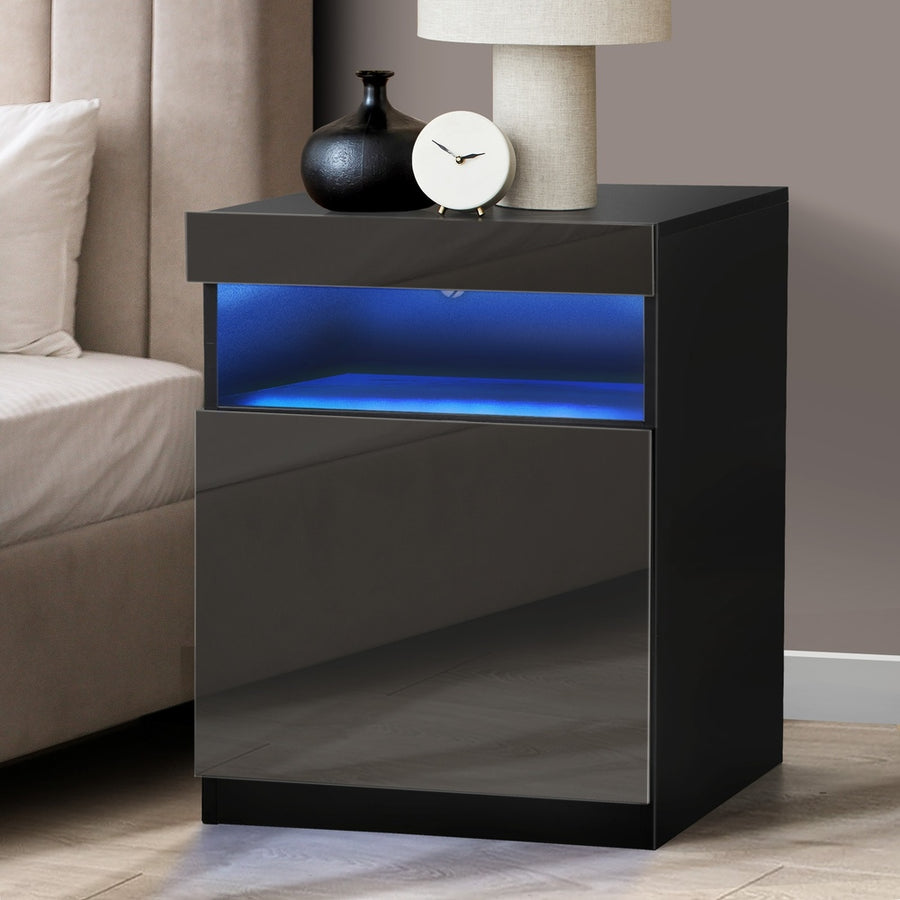 Oikiture Bedside Table LED Nightstand Shelf Black, image 5